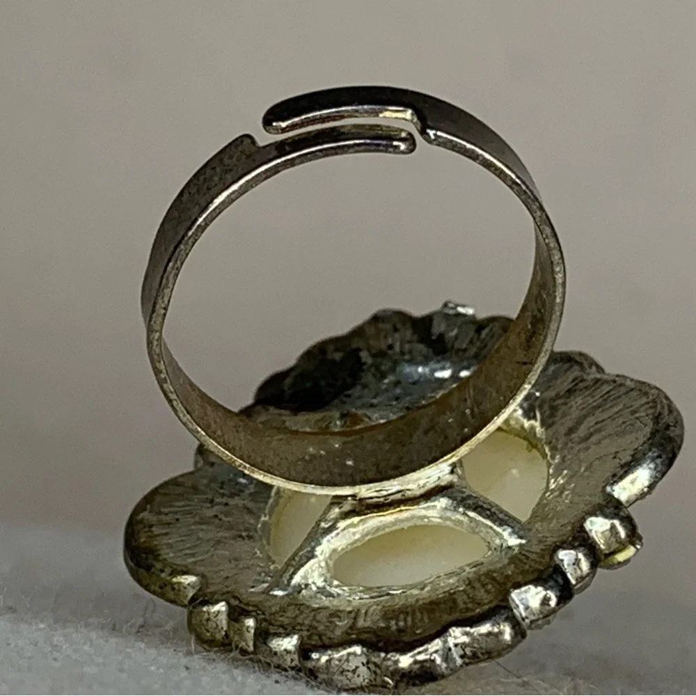 Vintage Adjustable Cocktail Ring Silver Faux Pearl Rhinestones
